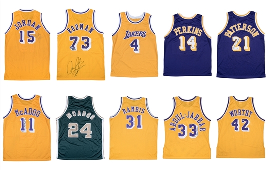 Lot of (10) Los Angeles Lakers Signed Jerseys Including Rambis, Abdul-Jabbar & Worthy (Arenas LOA & Beckett)